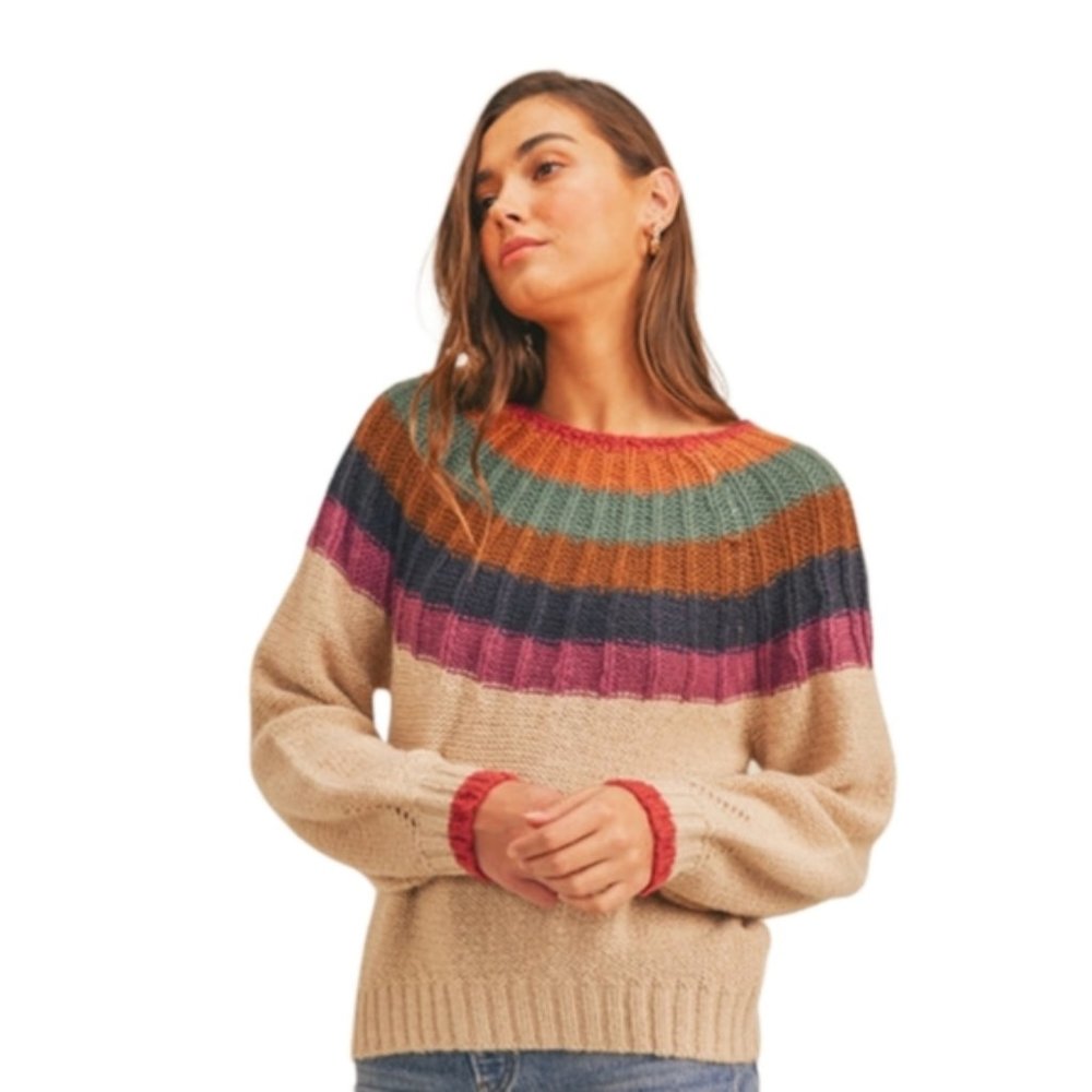 Lush Cream Multicolored Long Balloon Sleeve Midweight Sweater Womens Size Medium